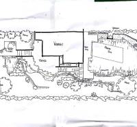 Layout of the garden with a pool, paths, and landscaping in a family house in Hainburg an der Donau.
