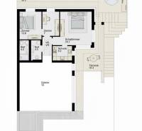 Floor plan of a family house: two bedrooms, two bathrooms, gallery, terrace.