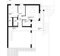 Floor plan of a family house with a bedroom, two bathrooms, and a terrace.