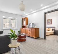 Living room with a dark sofa, wooden furniture, television, and wood-patterned flooring.