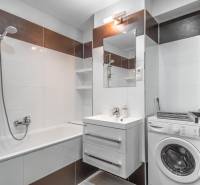 Bathroom in a 3-room apartment with a bathtub, sink, mirror, and washing machine.