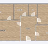Floor plan of a 3-room apartment with wood-patterned flooring: bedroom, room, living room, kitchen.