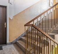 A staircase with a wooden railing and entrance doors in Bratislava - Staré Mesto, Heydukova.