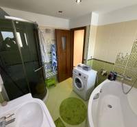A bathroom in a 2-room apartment with a bathtub, shower, and washing machine, patterned tiles.