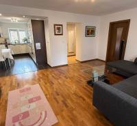 Living room in a two-room apartment with a wooden decor floor, a sofa, and an entrance to the kitchen.
