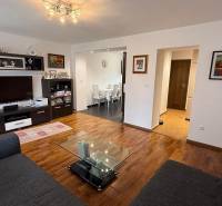 Living room in a 2-room apartment with a TV, sofa, and wooden decor flooring.