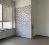 Offices with tiled floors and patterned wallpaper, light walls, radiator by the window.
