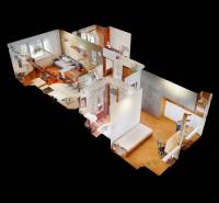 3D floor plan of a 3-room apartment with a wooden decor floor and various furniture zones.