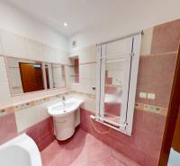 A bathroom in a 3-room apartment with a sink, pink tiles, and a mirror.