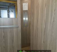 The interior of the elevator with wood decor panels and a mirror in a 3-room apartment.