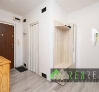 The entrance hall of a three-room apartment with a wooden decor floor and a built-in wardrobe.