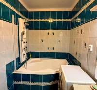A bathroom in a 3-room apartment with a bathtub, tiles in a blue and white color scheme.