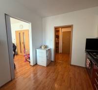 A two-room apartment with a wooden decor floor and a washing machine in the corner.