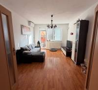 Living room in a two-room apartment with a wooden decor floor, sofa, and television.