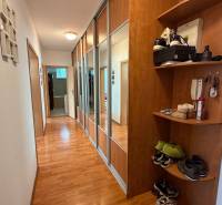 A hallway in a 2-room apartment with a wooden decor floor and a mirrored wardrobe.