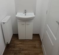 A bathroom in a family house with a sink, radiator, and a floor with a wooden decor.