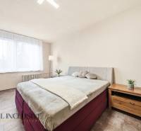 Bedroom in a 3-room apartment with a comfortable bed, dresser, and wooden decor flooring.