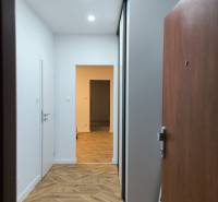 A hallway in a 4-room apartment with a wooden decor floor and LED lighting.
