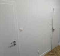 White interior doors in a 4-room apartment with a wooden decor floor.