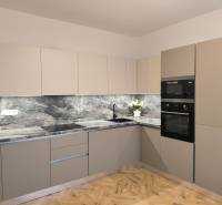 A kitchen in a 4-room apartment with marble tiles and a wooden decor floor.