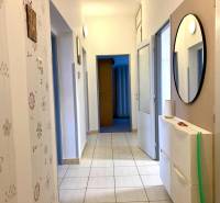 A hallway in a 3-room apartment with floral wallpaper and a mirror on the wall.