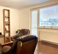 Living room in a three-room apartment with a wooden decor floor, large window, and leather armchairs.