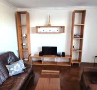 Living room in a 3-room apartment with brown furnishings and Eiffel Tower decor.