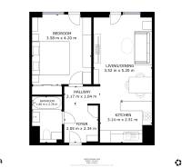Floor plan of a 2-room apartment with a kitchen, living room, bedroom, and bathroom.