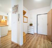 Entrance hallway of a 2-room apartment with a wooden decor floor and a kitchenette.