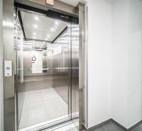 Elevator and hallway in the building, shiny metal walls, bright lighting.