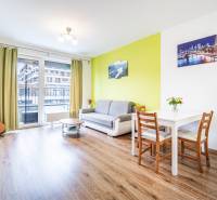 A bright living room with wood-patterned flooring and a balcony in a two-room apartment.