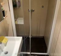 Shower corner and sink in the cottage bathroom, light tiles, dark floor.