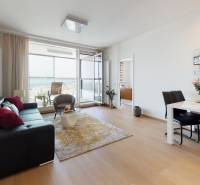 Living room in a 3-room apartment with a view of the balcony, floor with wood decor.