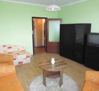 A room in a one-bedroom apartment with a sofa, furniture, and a wooden decor floor.