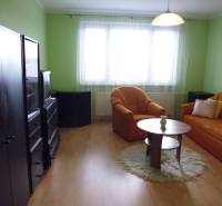 Living area in a studio apartment with wood-patterned flooring and orange seating.