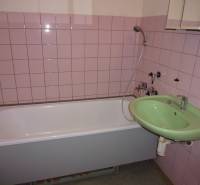 Bathroom with a bathtub, green sink, and pink tiles in a studio apartment.