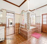 Bathroom with colorful tiles and wooden decor flooring.