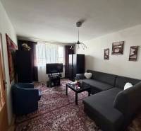 Living room with a corner sofa, carpet, and television in a 3-room apartment.