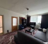 Living room in a three-room apartment with a dark sofa and a television on the carpet.