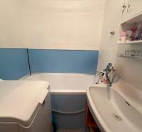 Bathroom in a 3-room apartment with a bathtub, sink, washing machine, and shelves.