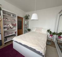 Bedroom in a 3-room apartment with a bed, wardrobes, shelves, and decorations, floor with wooden decor.