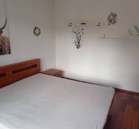 Bedroom with a large bed, wooden decor, and minimalist wall decorations in a two-room apartment.