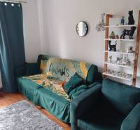 Living room in a two-room apartment with a green sofa, decorative figurines, and a wood-patterned floor.