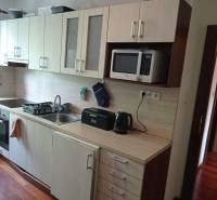 A kitchen in a 2-room apartment with a microwave and a wooden decor floor.