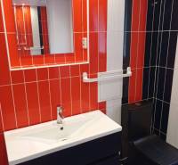 A bathroom with orange tiles, a mirror, and a sink in a 2-room apartment.