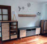 Storage cabinets with decor and wall decoration in a 2-room apartment, floor with wood decor.