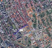 Aerial view of the center of Prešov with Tarasa Ševčenka Street and a marked walking route.