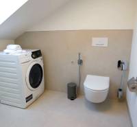 Bathroom in a 3-room apartment with a built-in washing machine and toilet.