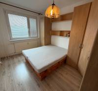 A bedroom in a two-room apartment with a wooden decor floor, a bed, and a built-in wardrobe.