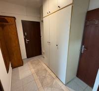 A hallway with built-in wardrobes and ceramic tiles in a 2-room apartment.